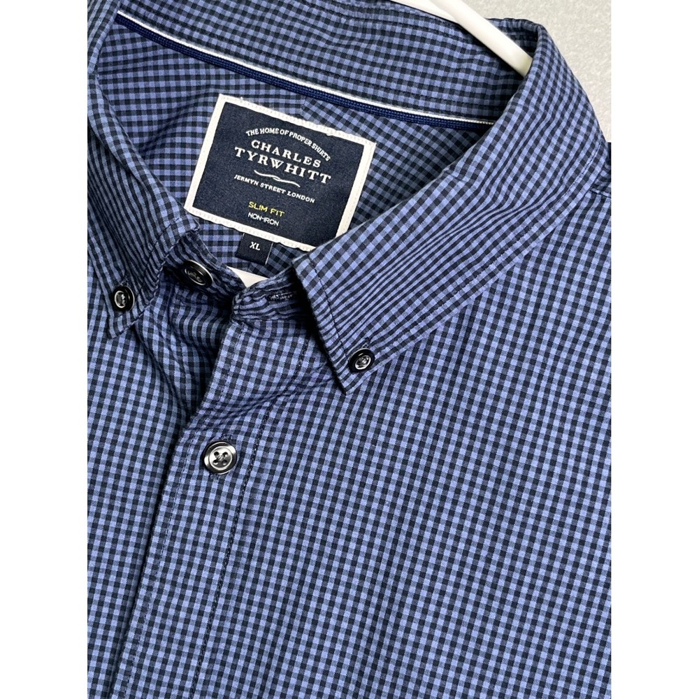 Charles Tyrwhitt Mens XL Slim Fit Non Iron Gingham Dress Shirt Blue